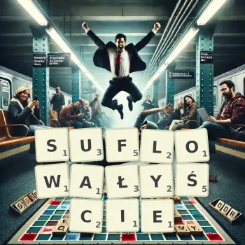 Kreatywna ilustracja do gry w Scrabble ze słowem SUFLOWAŁYŚCIE ułożonym z płytek na planszy.