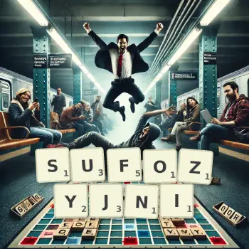 Kreatywna ilustracja do gry w Scrabble ze słowem SUFOZYJNI ułożonym z płytek na planszy.