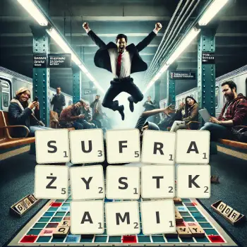 Kreatywna ilustracja do gry w Scrabble ze słowem SUFRAŻYSTKAMI ułożonym z płytek na planszy.