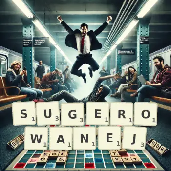 Kreatywna ilustracja do gry w Scrabble ze słowem SUGEROWANEJ ułożonym z płytek na planszy.