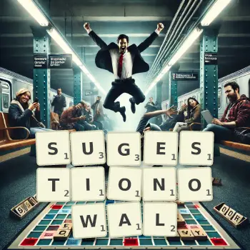 Kreatywna ilustracja do gry w Scrabble ze słowem SUGESTIONOWAL ułożonym z płytek na planszy.