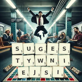Kreatywna ilustracja do gry w Scrabble ze słowem SUGESTYWNIEJSI ułożonym z płytek na planszy.