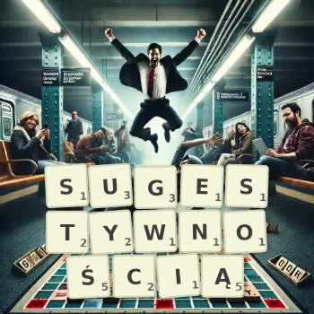 Kreatywna ilustracja do gry w Scrabble ze słowem SUGESTYWNOŚCIĄ ułożonym z płytek na planszy.