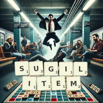 Kreatywna ilustracja do gry w Scrabble ze słowem SUGILITEM ułożonym z płytek na planszy.