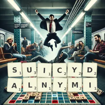 Kreatywna ilustracja do gry w Scrabble ze słowem SUICYDALNYMI ułożonym z płytek na planszy.