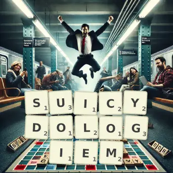 Kreatywna ilustracja do gry w Scrabble ze słowem SUICYDOLOGIEM ułożonym z płytek na planszy.