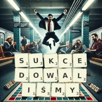 Kreatywna ilustracja do gry w Scrabble ze słowem SUKCEDOWALIŚMY ułożonym z płytek na planszy.