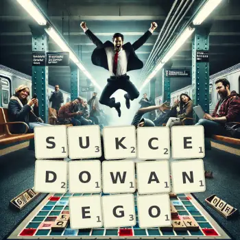 Kreatywna ilustracja do gry w Scrabble ze słowem SUKCEDOWANEGO ułożonym z płytek na planszy.