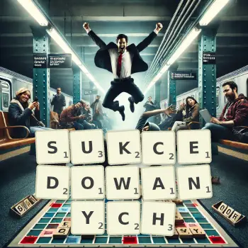 Kreatywna ilustracja do gry w Scrabble ze słowem SUKCEDOWANYCH ułożonym z płytek na planszy.