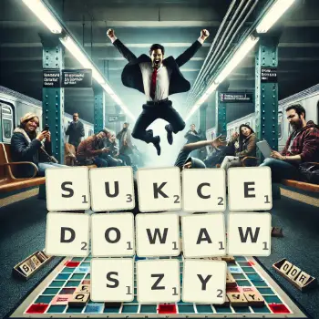 Kreatywna ilustracja do gry w Scrabble ze słowem SUKCEDOWAWSZY ułożonym z płytek na planszy.