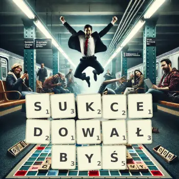 Kreatywna ilustracja do gry w Scrabble ze słowem SUKCEDOWAŁBYŚ ułożonym z płytek na planszy.