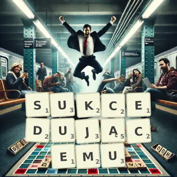 Kreatywna ilustracja do gry w Scrabble ze słowem SUKCEDUJĄCEMU ułożonym z płytek na planszy.