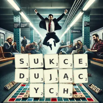 Kreatywna ilustracja do gry w Scrabble ze słowem SUKCEDUJĄCYCH ułożonym z płytek na planszy.