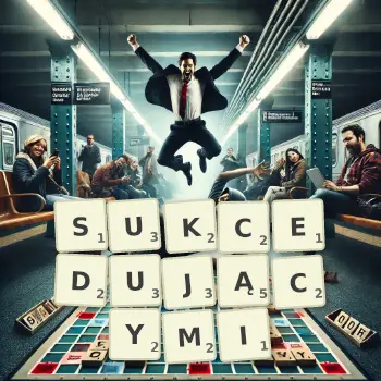 Kreatywna ilustracja do gry w Scrabble ze słowem SUKCEDUJĄCYMI ułożonym z płytek na planszy.