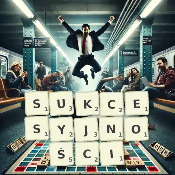 Kreatywna ilustracja do gry w Scrabble ze słowem SUKCESYJNOŚCI ułożonym z płytek na planszy.