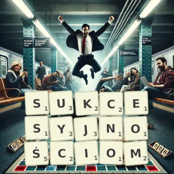 Kreatywna ilustracja do gry w Scrabble ze słowem SUKCESYJNOŚCIOM ułożonym z płytek na planszy.