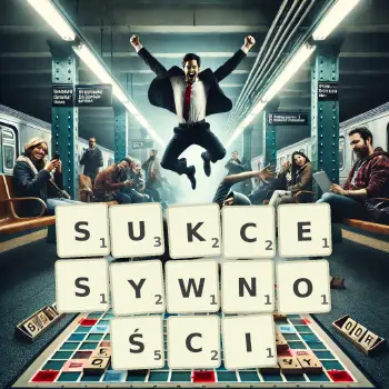 Kreatywna ilustracja do gry w Scrabble ze słowem SUKCESYWNOŚCI ułożonym z płytek na planszy.