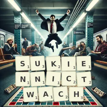 Kreatywna ilustracja do gry w Scrabble ze słowem SUKIENNICTWACH ułożonym z płytek na planszy.