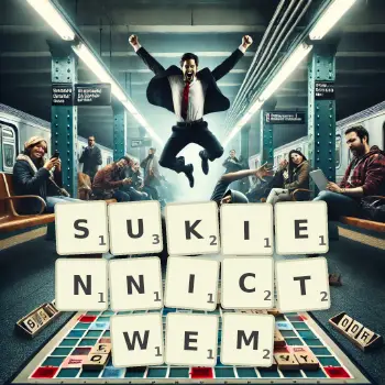 Kreatywna ilustracja do gry w Scrabble ze słowem SUKIENNICTWEM ułożonym z płytek na planszy.