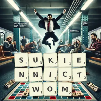 Kreatywna ilustracja do gry w Scrabble ze słowem SUKIENNICTWOM ułożonym z płytek na planszy.