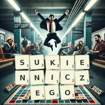 Kreatywna ilustracja do gry w Scrabble ze słowem SUKIENNICZEGO ułożonym z płytek na planszy.