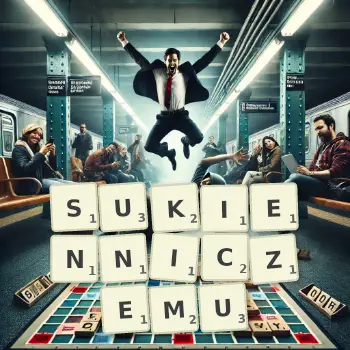 Kreatywna ilustracja do gry w Scrabble ze słowem SUKIENNICZEMU ułożonym z płytek na planszy.