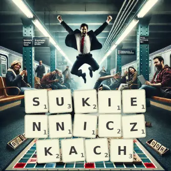 Kreatywna ilustracja do gry w Scrabble ze słowem SUKIENNICZKACH ułożonym z płytek na planszy.