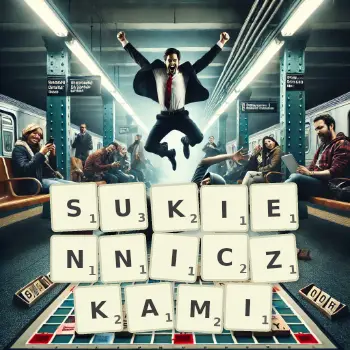 Kreatywna ilustracja do gry w Scrabble ze słowem SUKIENNICZKAMI ułożonym z płytek na planszy.