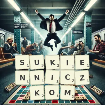 Kreatywna ilustracja do gry w Scrabble ze słowem SUKIENNICZKOM ułożonym z płytek na planszy.