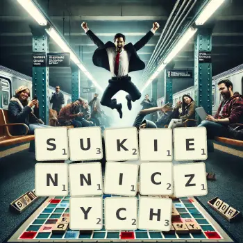 Kreatywna ilustracja do gry w Scrabble ze słowem SUKIENNICZYCH ułożonym z płytek na planszy.