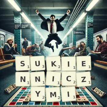 Kreatywna ilustracja do gry w Scrabble ze słowem SUKIENNICZYMI ułożonym z płytek na planszy.