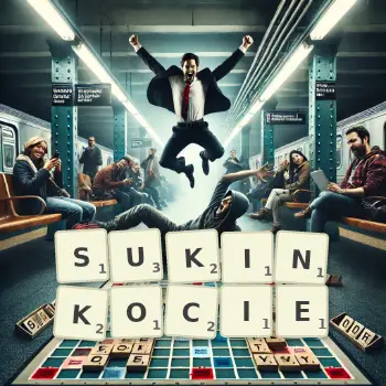 Kreatywna ilustracja do gry w Scrabble ze słowem SUKINKOCIE ułożonym z płytek na planszy.
