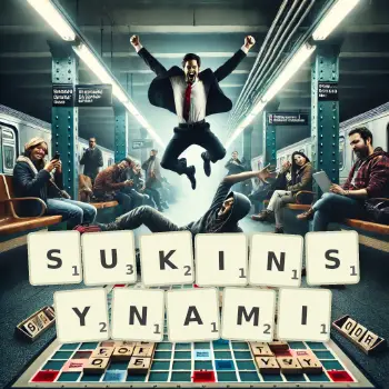 Kreatywna ilustracja do gry w Scrabble ze słowem SUKINSYNAMI ułożonym z płytek na planszy.