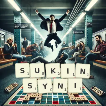 Kreatywna ilustracja do gry w Scrabble ze słowem SUKINSYNI ułożonym z płytek na planszy.
