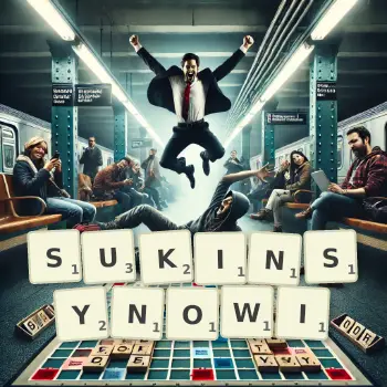 Kreatywna ilustracja do gry w Scrabble ze słowem SUKINSYNOWI ułożonym z płytek na planszy.