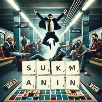 Kreatywna ilustracja do gry w Scrabble ze słowem SUKMANIN ułożonym z płytek na planszy.