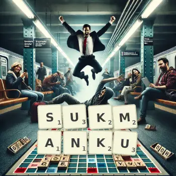 Kreatywna ilustracja do gry w Scrabble ze słowem SUKMANKU ułożonym z płytek na planszy.