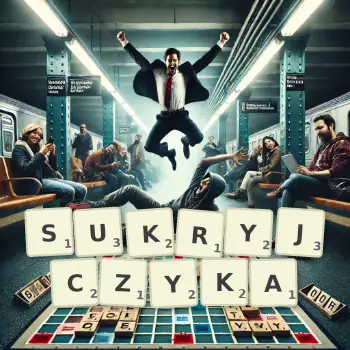 Kreatywna ilustracja do gry w Scrabble ze słowem SUKRYJCZYKA ułożonym z płytek na planszy.