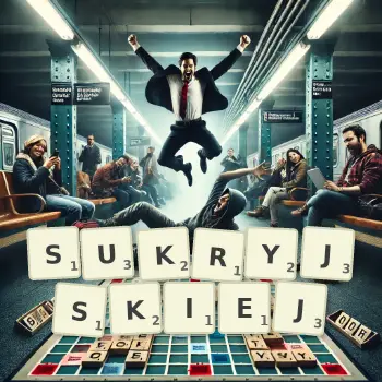 Kreatywna ilustracja do gry w Scrabble ze słowem SUKRYJSKIEJ ułożonym z płytek na planszy.