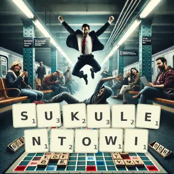 Kreatywna ilustracja do gry w Scrabble ze słowem SUKULENTOWI ułożonym z płytek na planszy.