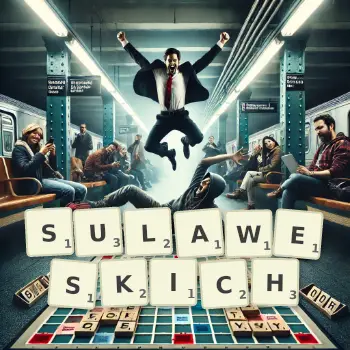 Kreatywna ilustracja do gry w Scrabble ze słowem SULAWESKICH ułożonym z płytek na planszy.