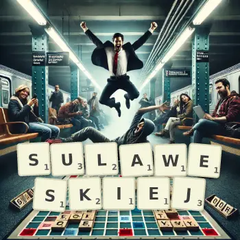 Kreatywna ilustracja do gry w Scrabble ze słowem SULAWESKIEJ ułożonym z płytek na planszy.