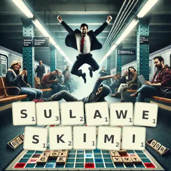 Kreatywna ilustracja do gry w Scrabble ze słowem SULAWESKIMI ułożonym z płytek na planszy.