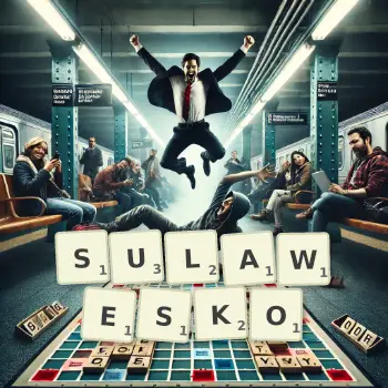 Kreatywna ilustracja do gry w Scrabble ze słowem SULAWESKO ułożonym z płytek na planszy.