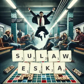 Kreatywna ilustracja do gry w Scrabble ze słowem SULAWESKĄ ułożonym z płytek na planszy.