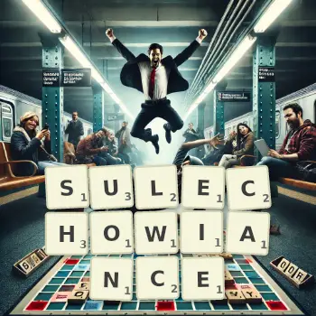 Kreatywna ilustracja do gry w Scrabble ze słowem SULECHOWIANCE ułożonym z płytek na planszy.