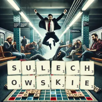 Kreatywna ilustracja do gry w Scrabble ze słowem SULECHOWSKIE ułożonym z płytek na planszy.