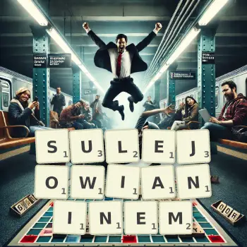 Kreatywna ilustracja do gry w Scrabble ze słowem SULEJOWIANINEM ułożonym z płytek na planszy.
