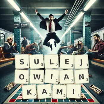 Kreatywna ilustracja do gry w Scrabble ze słowem SULEJOWIANKAMI ułożonym z płytek na planszy.