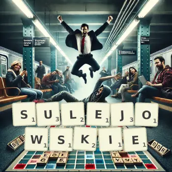 Kreatywna ilustracja do gry w Scrabble ze słowem SULEJOWSKIE ułożonym z płytek na planszy.